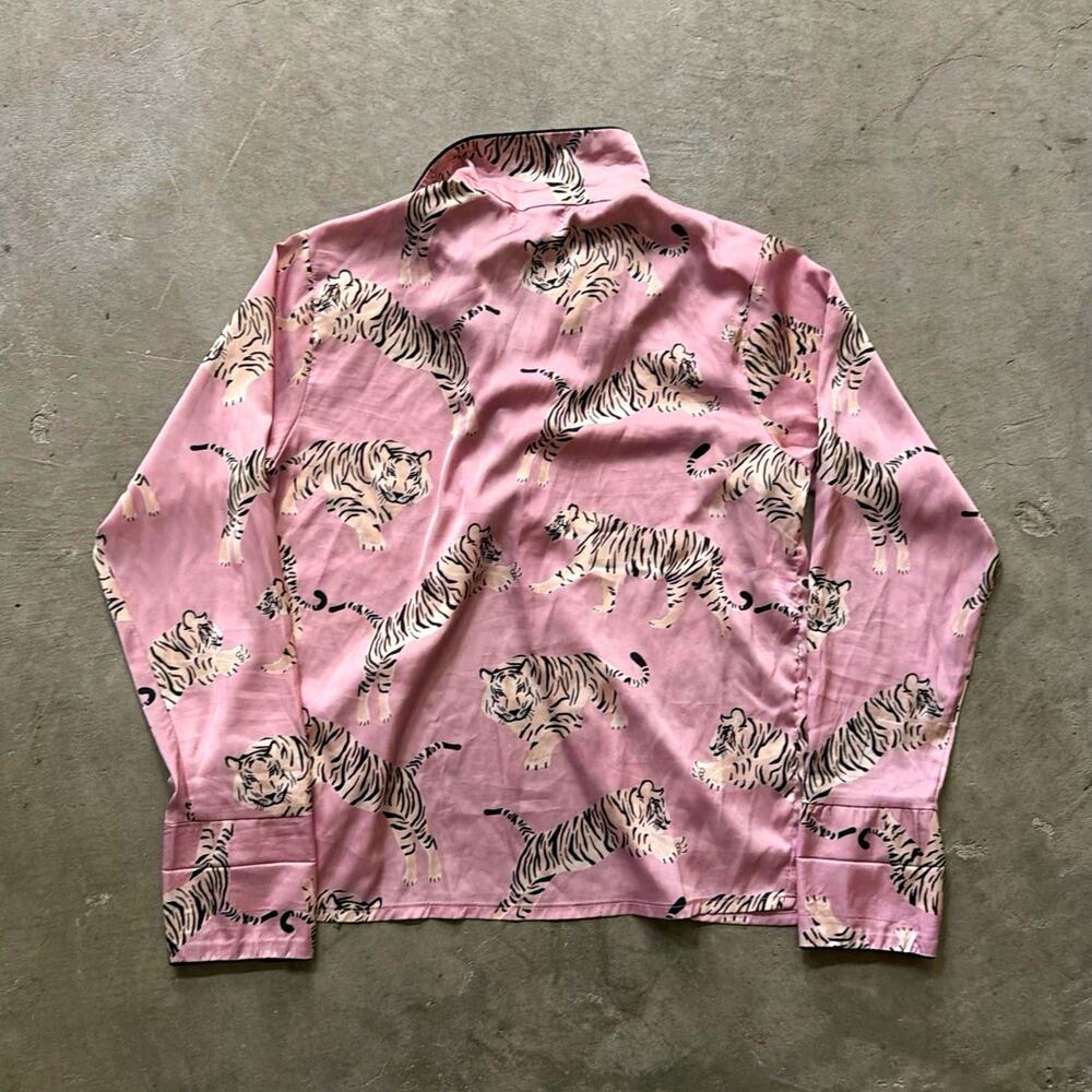 Averie Women’s Satin Pink Tiger Print Button-Up Pajama Set Collared Size S
